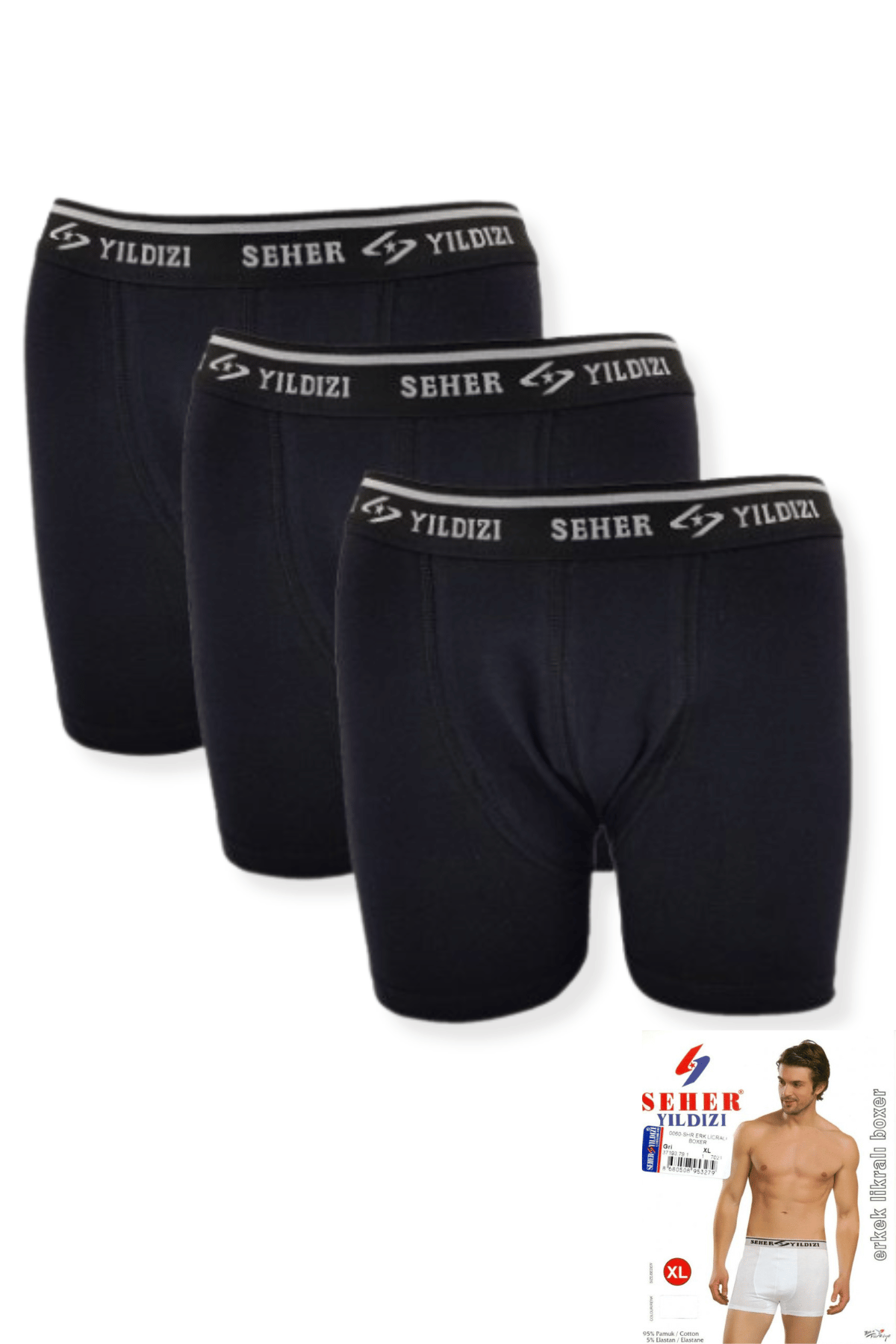 0060 Seher Erkek Elastan Boxer 3'lü Siyah - 2