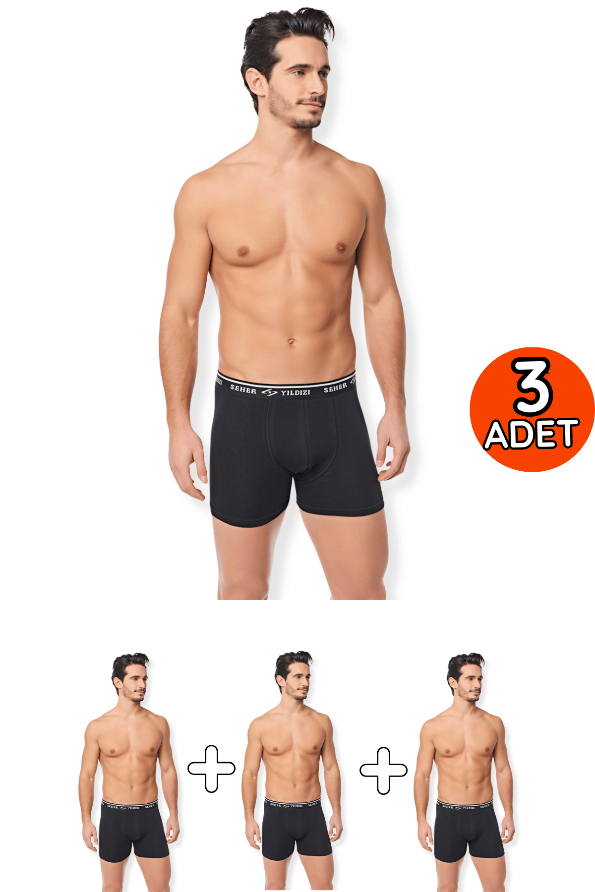 0060 Seher Erkek Elastan Boxer 3'lü Siyah - 1