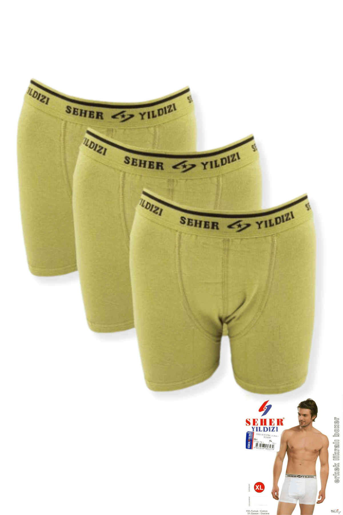 0060 Seher Erkek Elastan Boxer 3'lü Yeni Haki - 1